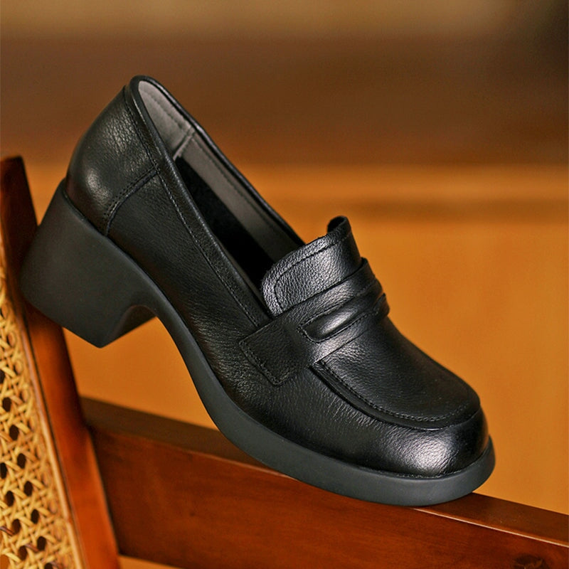 Round Toe 50mm Block Heel Leather Penny Loafers for Women in Brown/Bla â Dwarves Shoes