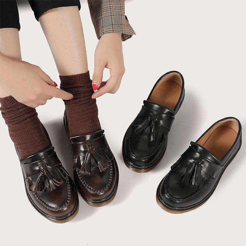 Waxing leather Penny Loafers with Tassels Handmade Working Shoes Black ...