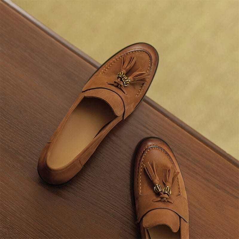 Retro Leather Tassels Loafers for Women Round Toe in Brown/Green ...