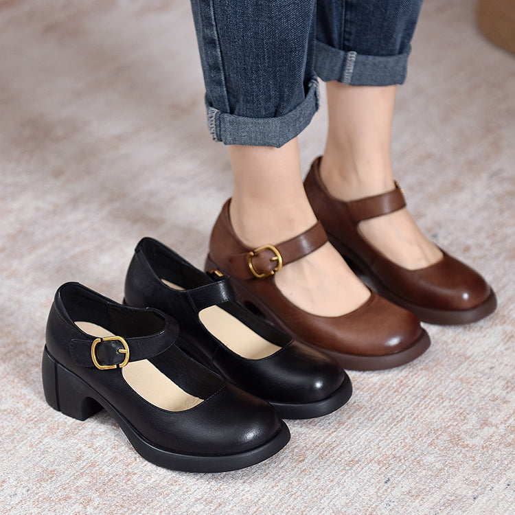 Handmade Leather Pumps Mary Jane Heels Sandals Womens Round Toe Retro ...