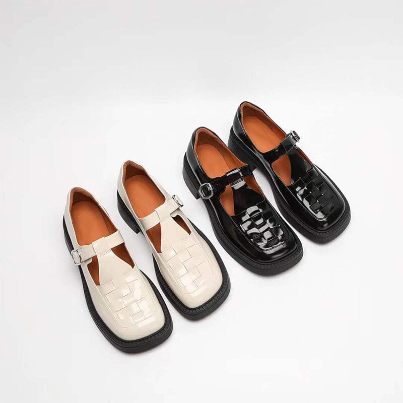 Retro Woven Leather Platform Mary Jane Shoes In White/Black â Dwarves Shoes
