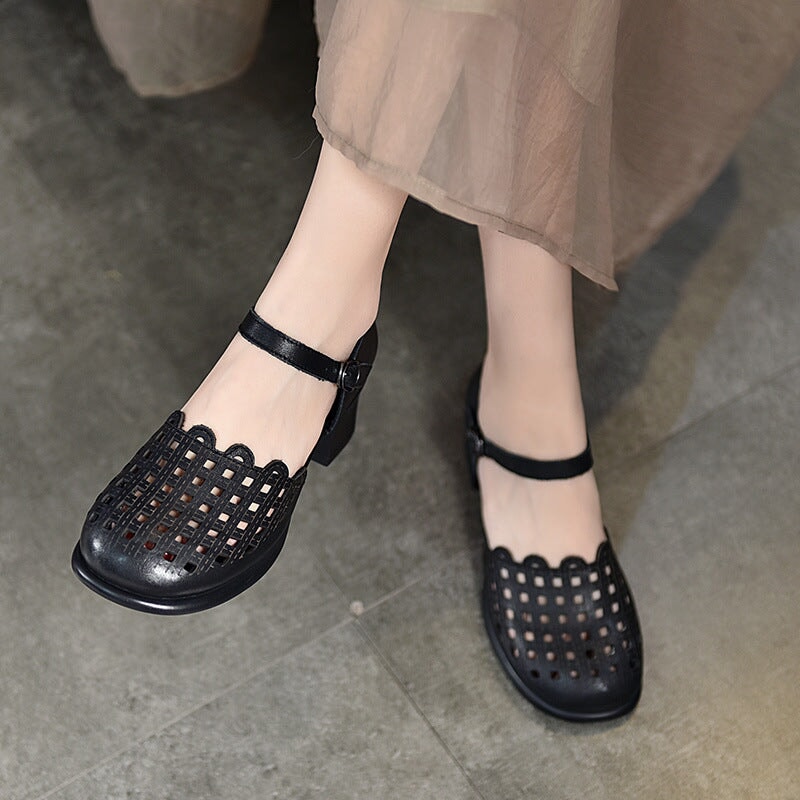 Block Heel Sandals For Women Ankle Strap Leather Pumps in Black/Beige ...