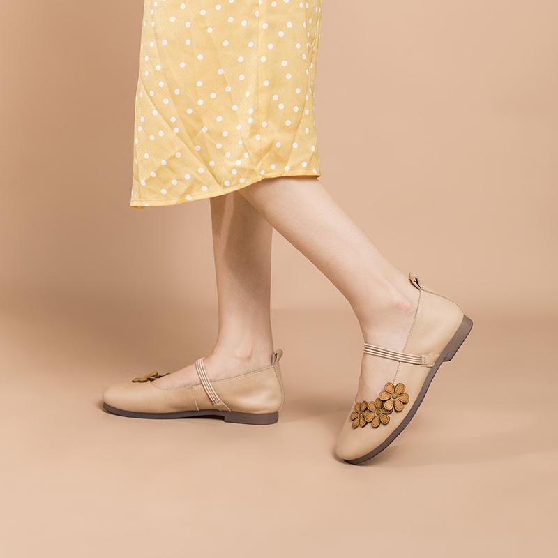 Handmade Leather Flat Mary Jane Shoes For Womens Flowers Round Toe Apr â Dwarves Shoes