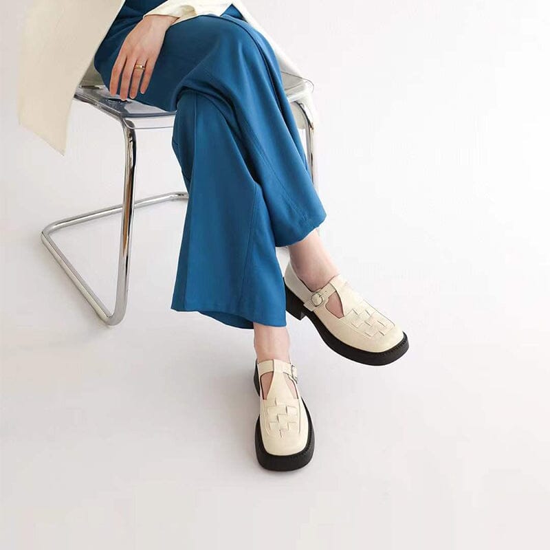 Retro Woven Leather Platform Mary Jane Shoes In White/Black â Dwarves Shoes