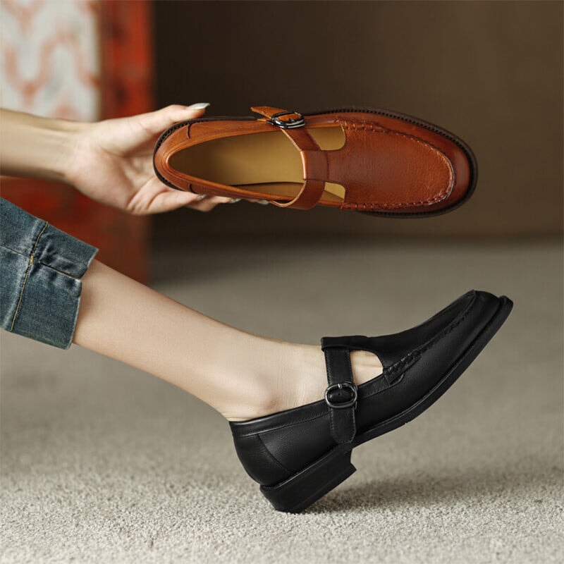 Soft Leather T-strap Mary Jane Shoes For Women Round Toe in Black/Brow ...