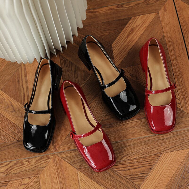 Handmade Patent Leather Mary Jane Pumps Block Heel Office Shoes in Red ...