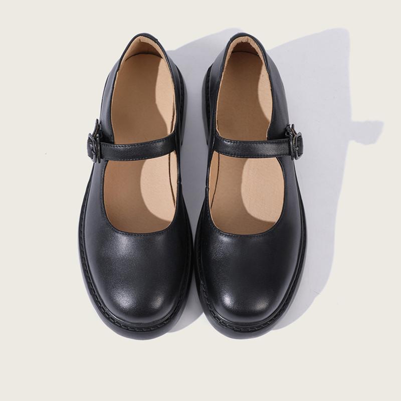 Full Grain Leather Flat Mary Jane Shoes Handmade Round Toe Japanese st ...
