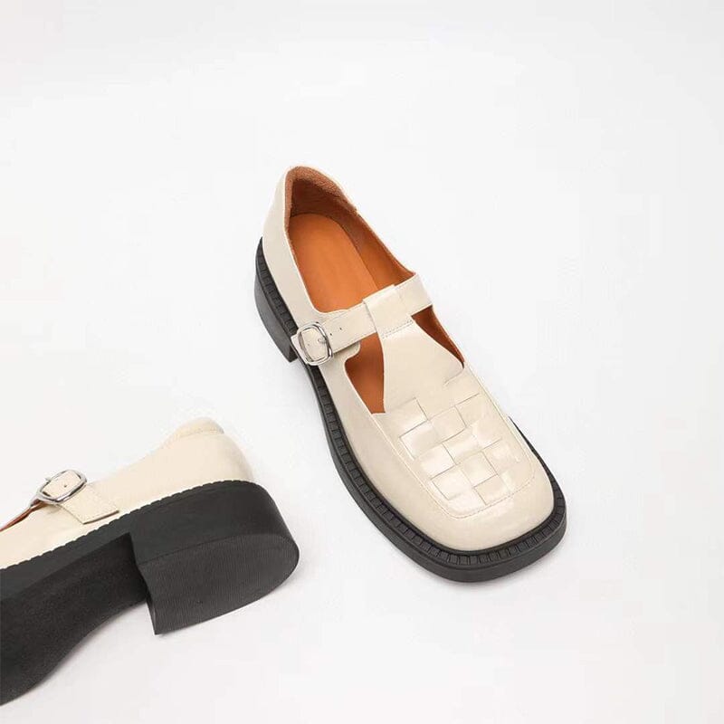 Retro Woven Leather Platform Mary Jane Shoes In White/Black – Dwarves Shoes