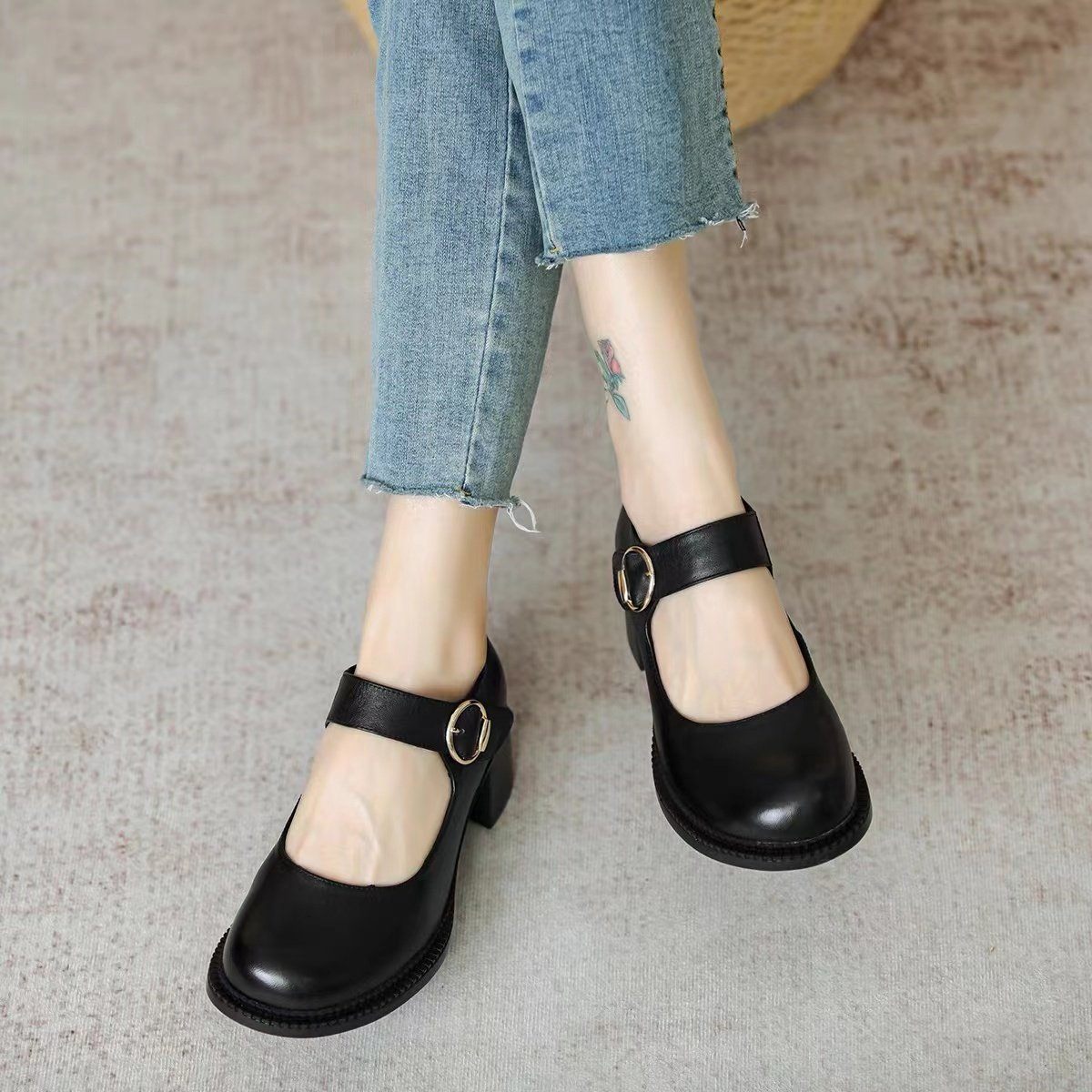 Handmade Leather Pumps Mary Jane Heels Sandals Womens Round Toe Retro ...