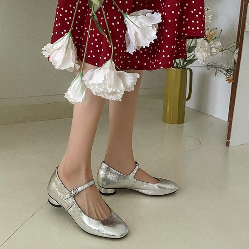 Leather Strappy Mary Jane Pumps Block Heel in Silver/Gold 6.5 / Silver