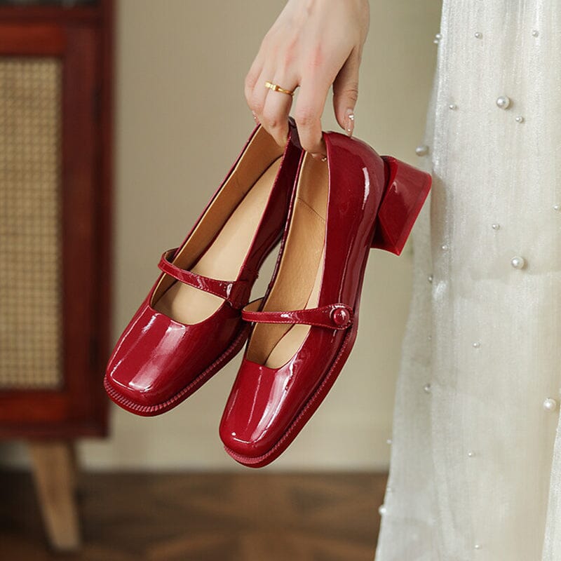 Handmade Patent Leather Mary Jane Pumps Block Heel Office Shoes in Red