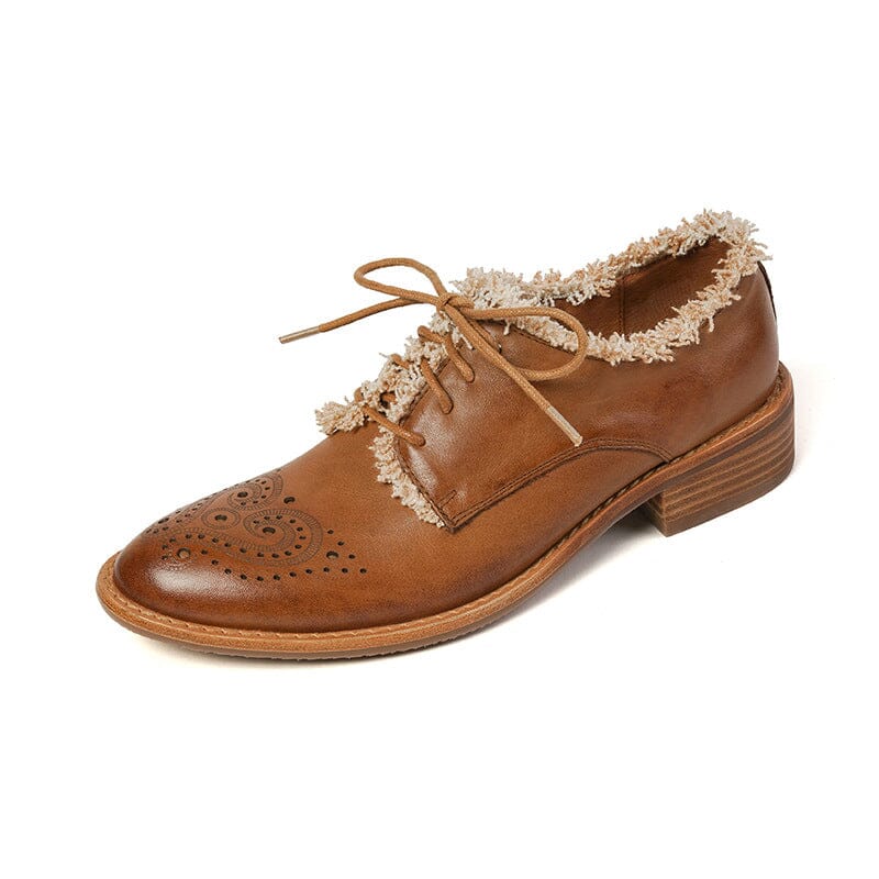 Women Wingtip Shoes Handmade Leather Brogues Oxfords & Tie Low Heel Elegant Brown/Black 6.5 / Brown
