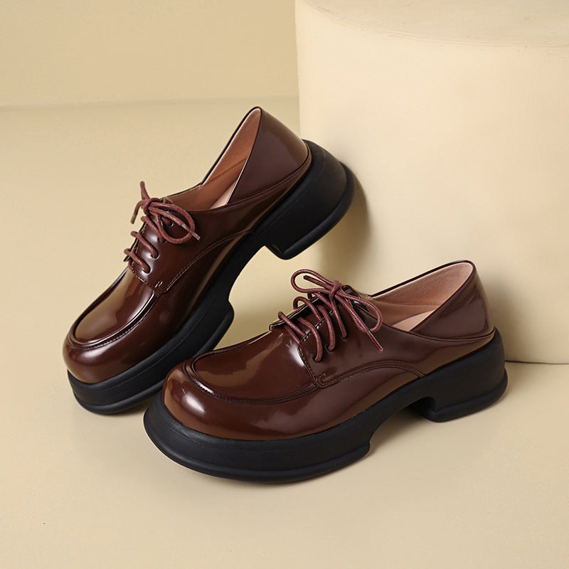 Women Round Toe Lace Up Patent Leather Chunky Derby Shoes in Brown/Bla ...
