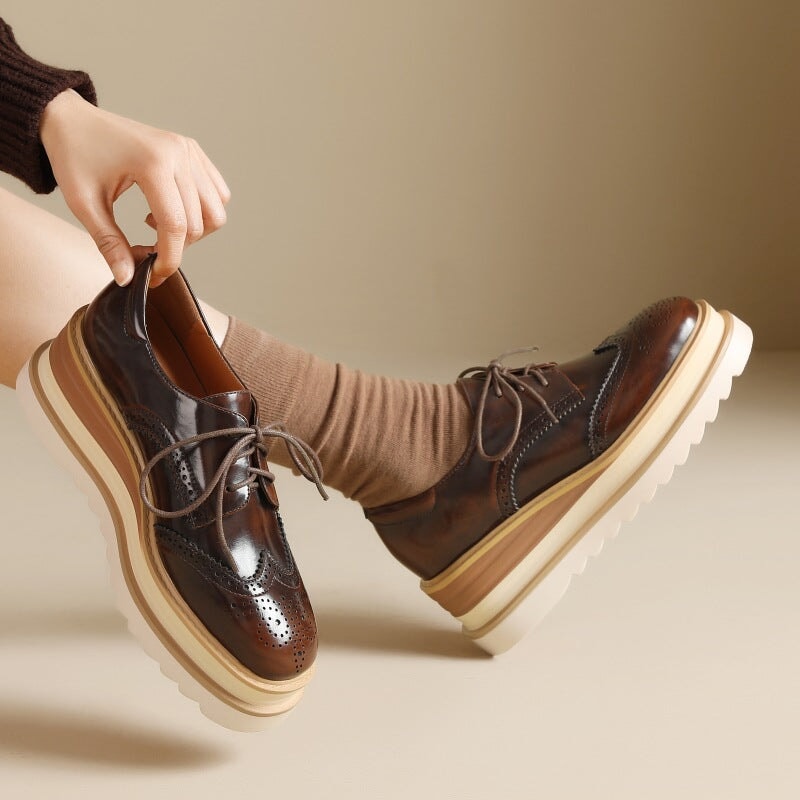 Women Round Toe Lace Up Leather Chunky Brogue Shoes Platform Oxfords in Brown/Red 6.5 / Red