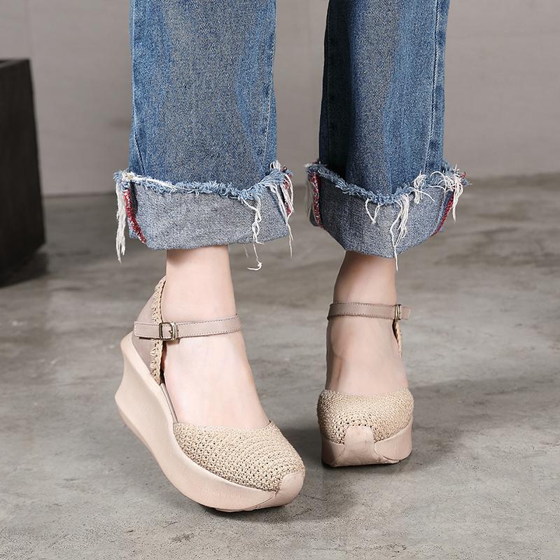 Womens Handmade Retro Leather Knitting Platforms Leather Sandals White ...