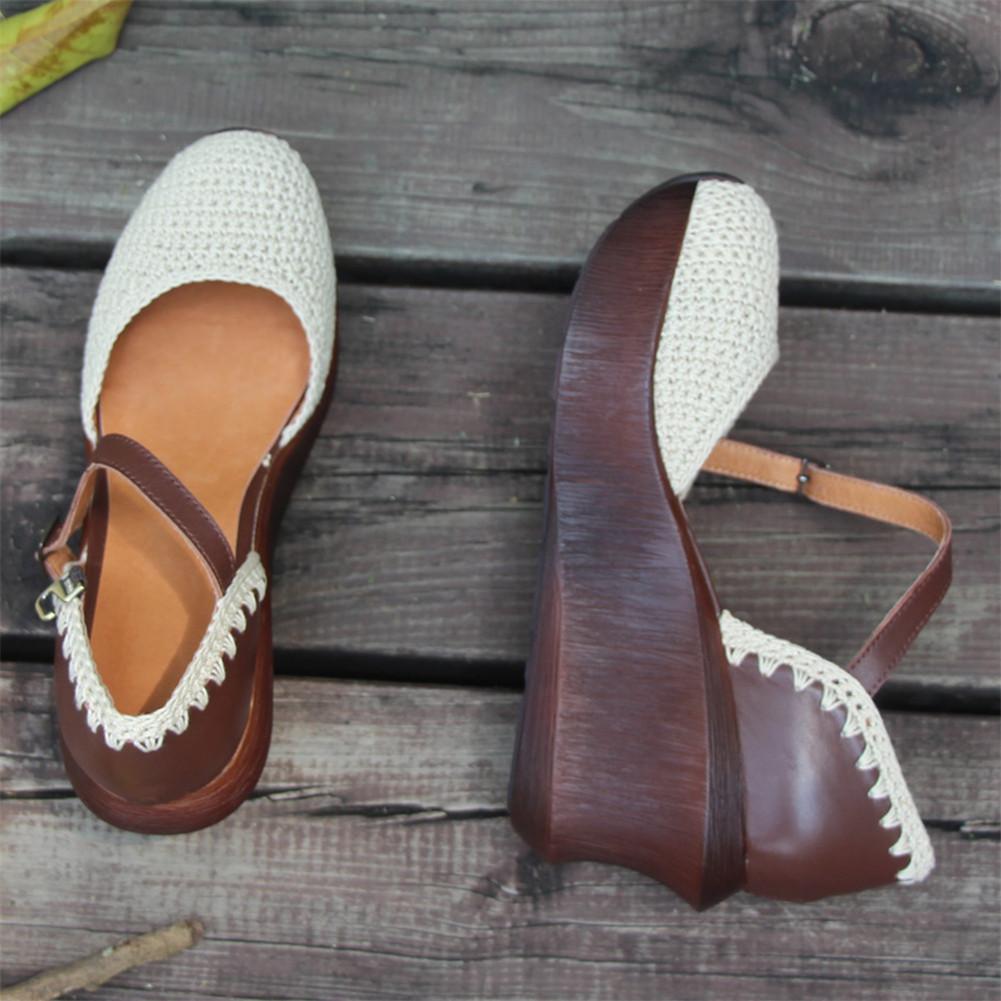 Womens Handmade Retro Leather Knitting Platforms Leather Sandals White ...