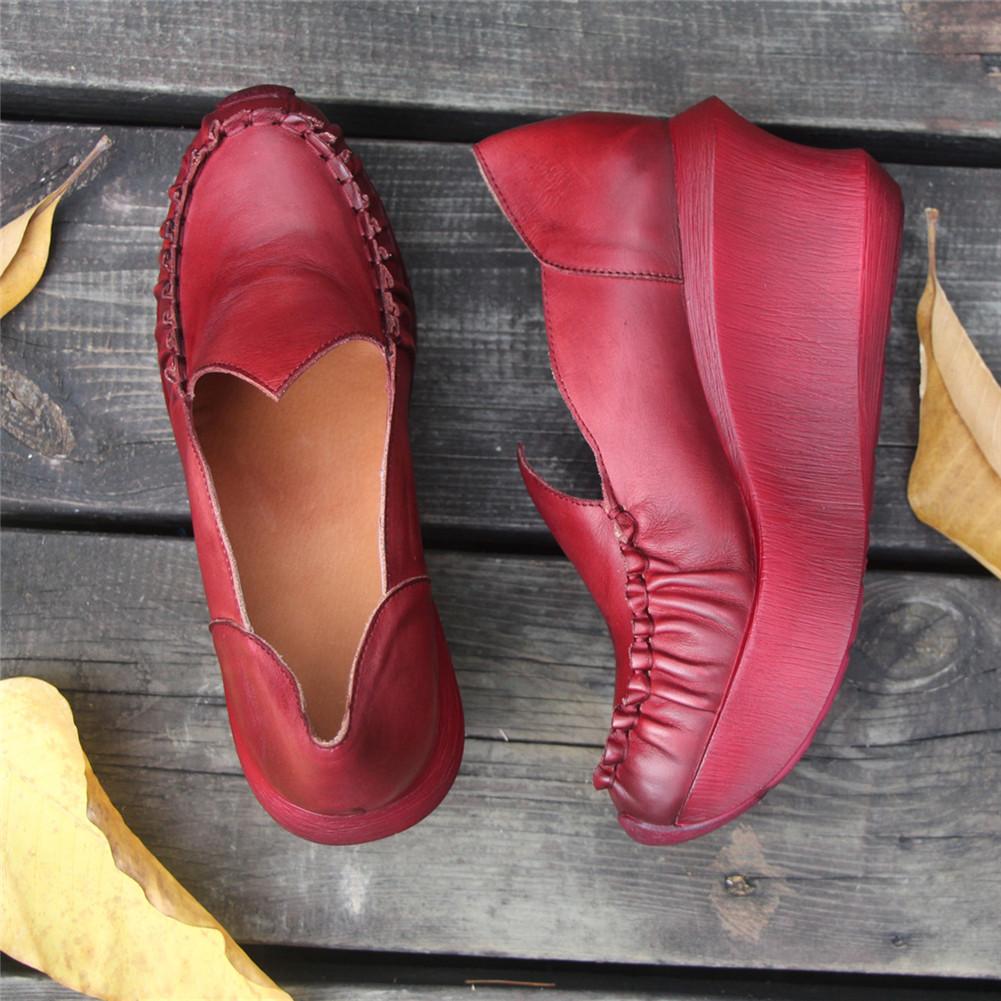 Women Handmade Leather Loafers,Retro Slip Ons Red Platforms – Dwarves Shoes