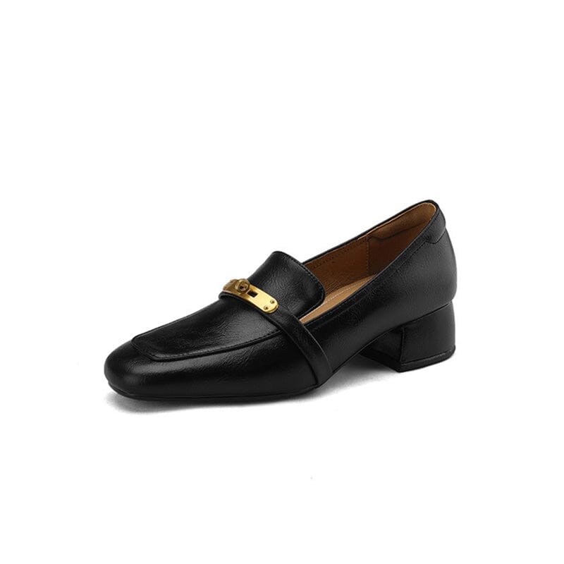 Women's Handmade Square-Toe Block-Heel Loafers in Black/Brown ...