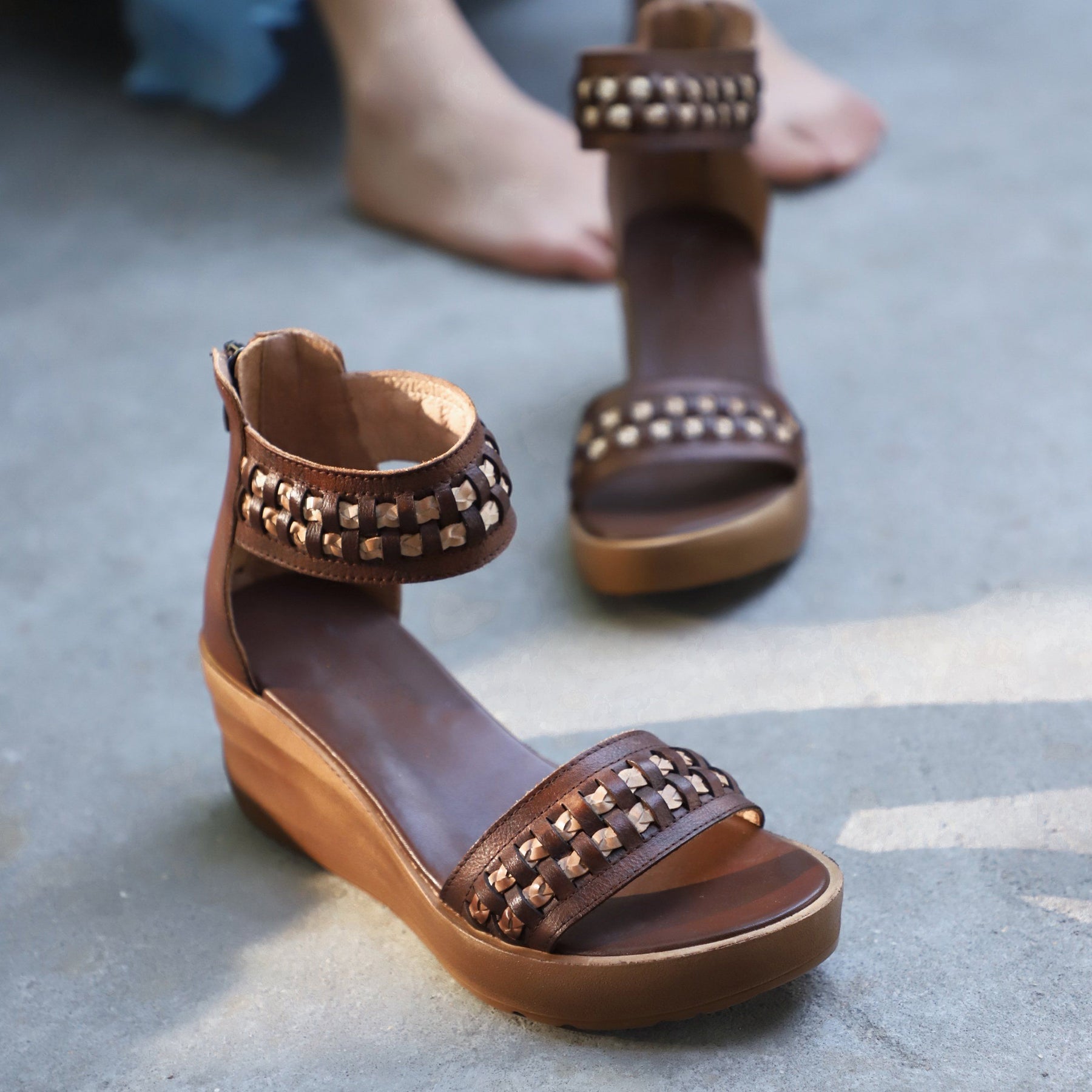 Handmade Genuine Leather Platform Sandals Rivets Coffee/Brown ...
