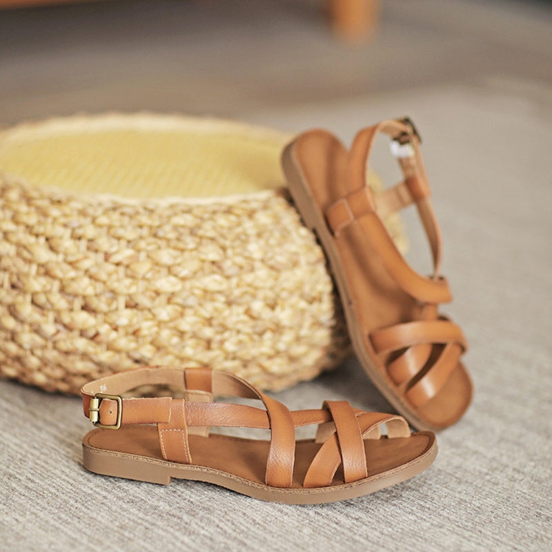 Leather Gladiator Sandals for Women Flat Side Buckle in Brown/Beige/Gr ...