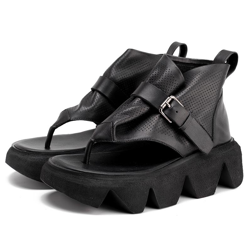 Handmade Retro Leather Platform Sandals Buckle Strap Ladies Summer Sho ...