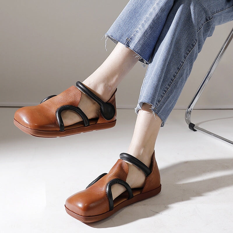 Handmade Genuine Leather Square Toe Sandals in Brown/Black – Dwarves Shoes