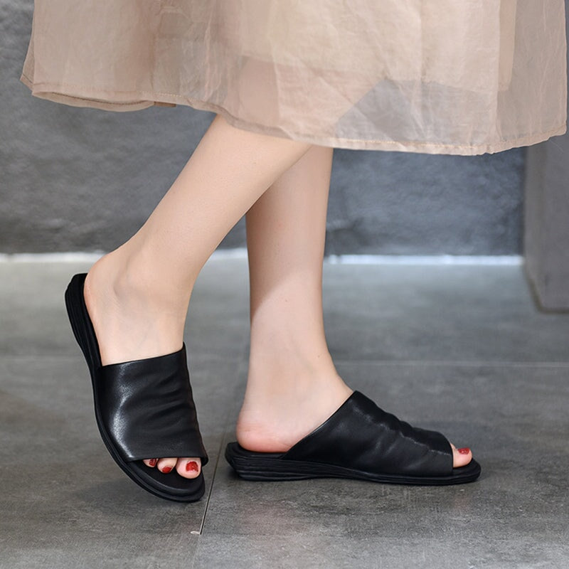 Women's Genuine Leather Slippers Open Toe in Coffee/Black – Dwarves Shoes