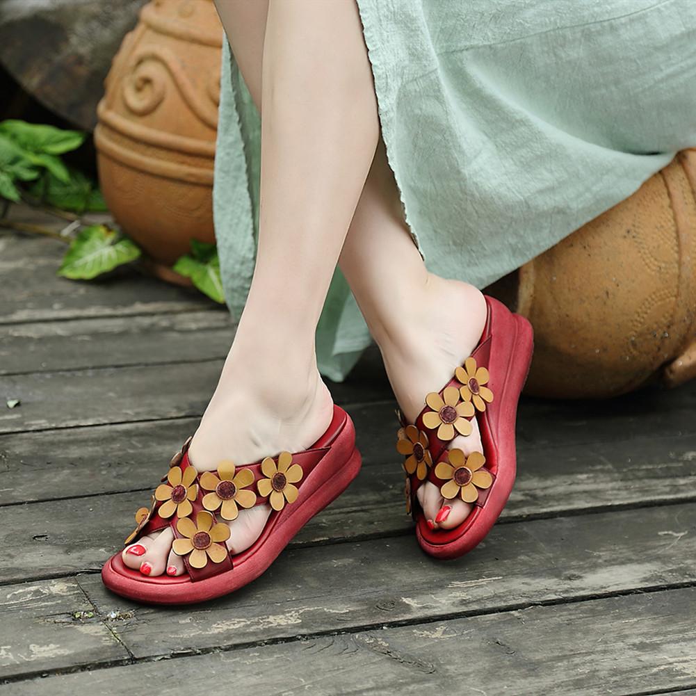 Handmade Retro Leather Flowers Slippers Open Toe Platform Sandals Coff ...