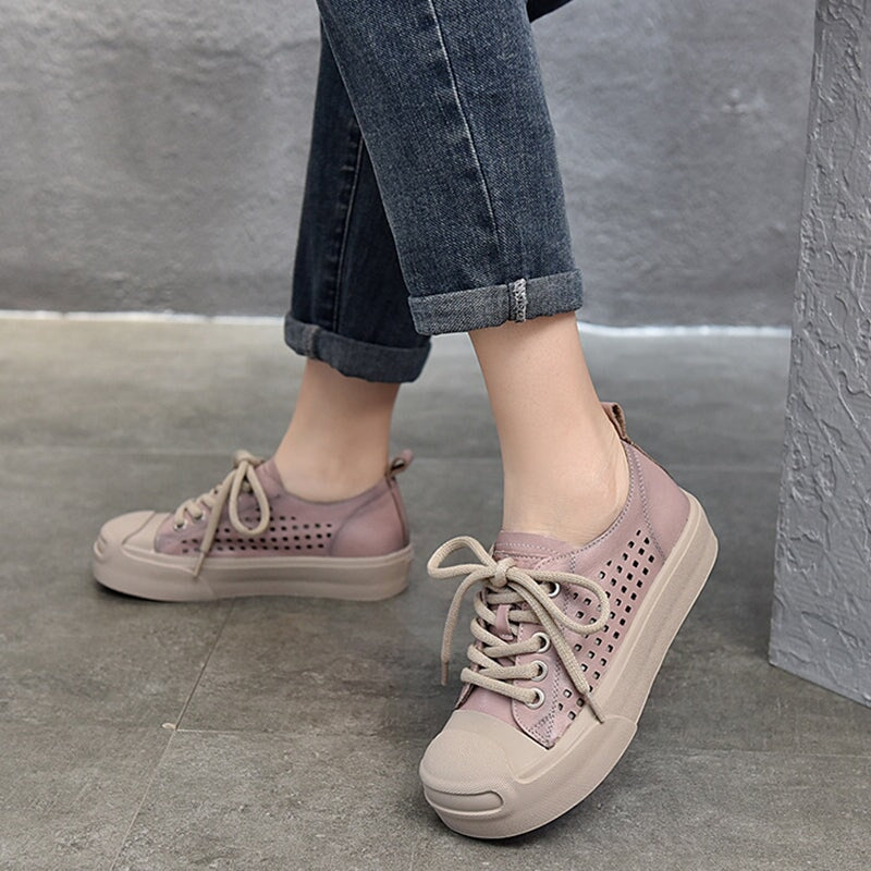 Leather Flatform Sneakers for Women Low-top Travel Perforated in Orang ...
