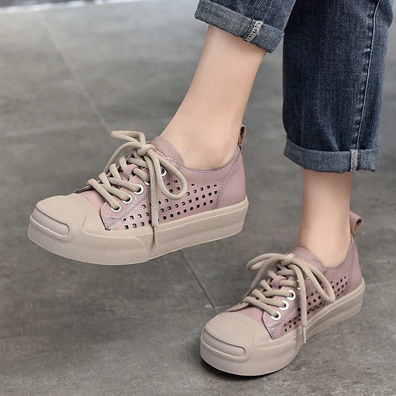 Leather Flatform Sneakers for Women Low-top Travel Perforated in Orang ...