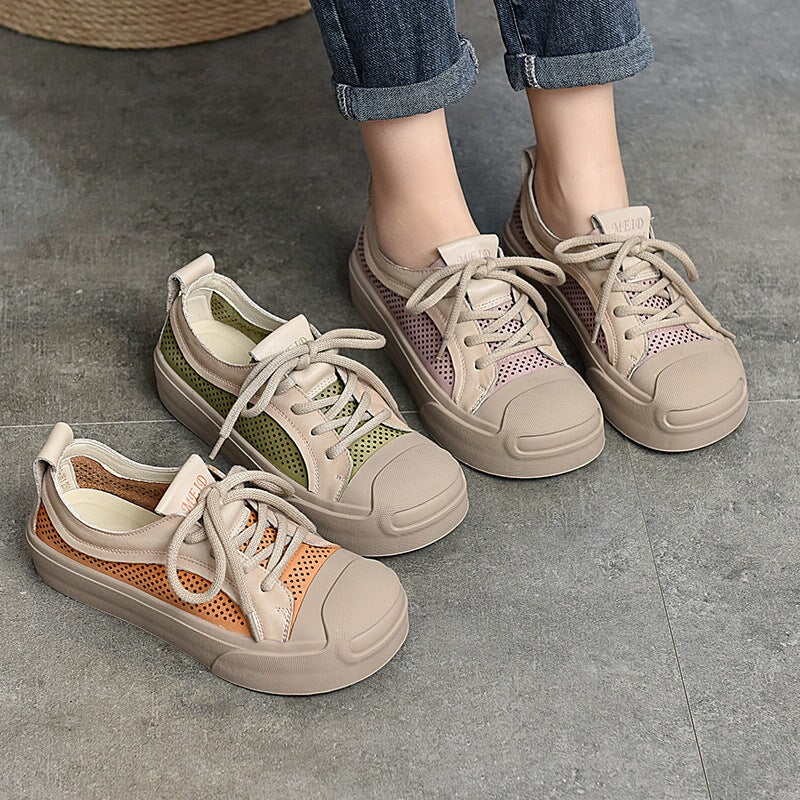 Leather Flatform Low-top Sneakers for Women Travel Perforated in Orang ...
