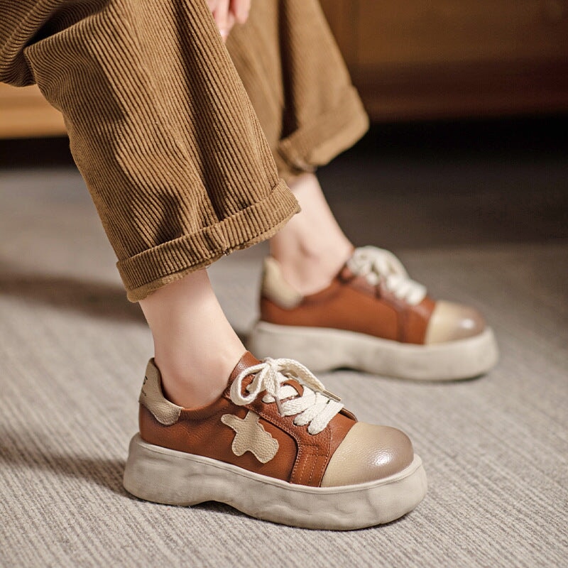 Leather Platform Sneakers for Women Low-top Lace Up in Brown/Green ...